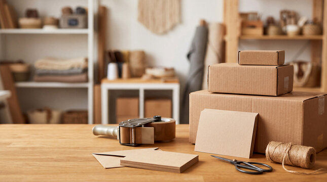 Small business packing table with blank cards with copy space on left