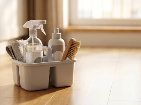 Small apartment cleaning caddy with blank bottle with copy space on right