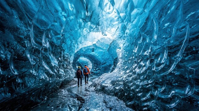 Two hikers explore a stunning natural ice cave with vibrant blue formations.