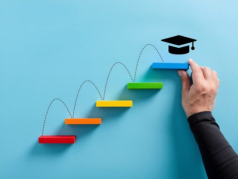 Hand placing a colorful block on a staircase leading to graduation cap symbolizing educational success and achievement
