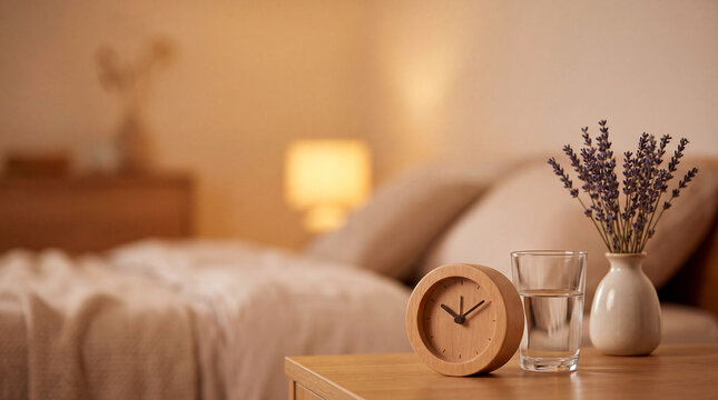 Sleep hygiene nightstand scene with lavender with copy space at top