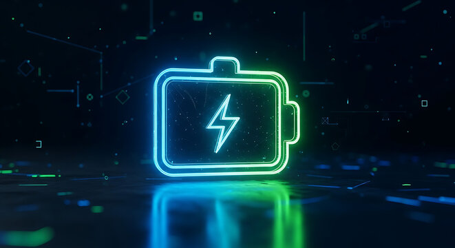 Glowing neon battery icon with lightning bolt symbol electricity lightning technology illustration background recharge