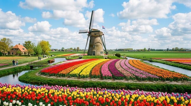 Vibrant Tulip Fields and Historic Windmill in the Netherlands.