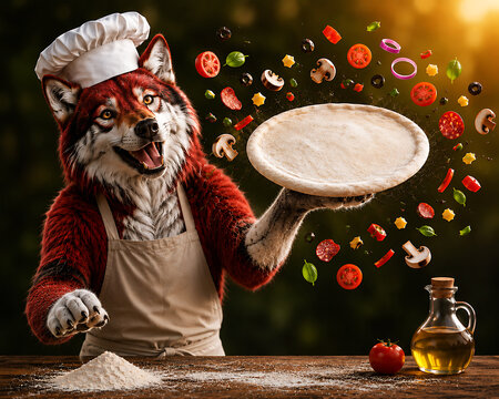 Funny Wolf Chef Tossing Pizza Dough with Flying Fresh Ingredients in Outdoor Rustic Kitchen, Creative Culinary Animal Concept