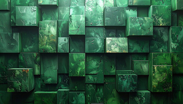 Abstract textured cubes in shades of emerald green and deep forest green with subtle golden speckles, creating a complex geometric mosaic pattern