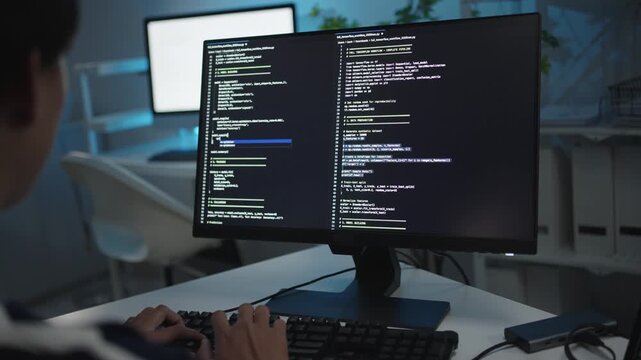 IT developer working online software development on pc monitors at modern home office on coding application screens. Man creating a software. Abstract futuristic coding concept.