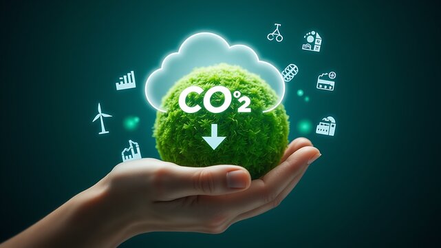 Green sphere with co two reduction symbols hand holding