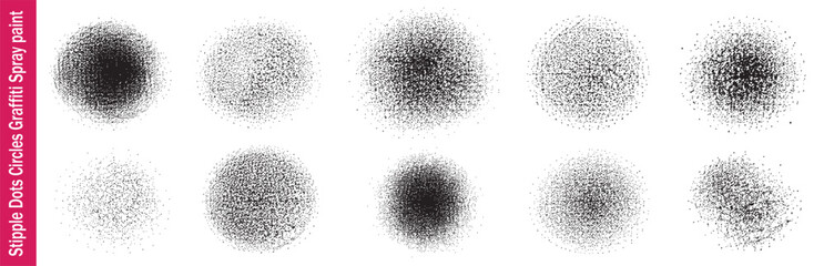 Collection of ten circular stipple spray paint textures, isolated on white background. Hand drawn dotwork graffiti elements for design and illustration. © Zbrake Studio