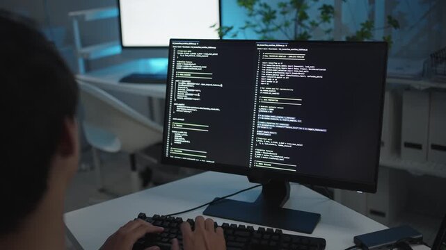 IT developer working online software development on pc monitors at modern home office on coding application screens. Man creating a software. Abstract futuristic coding concept.
