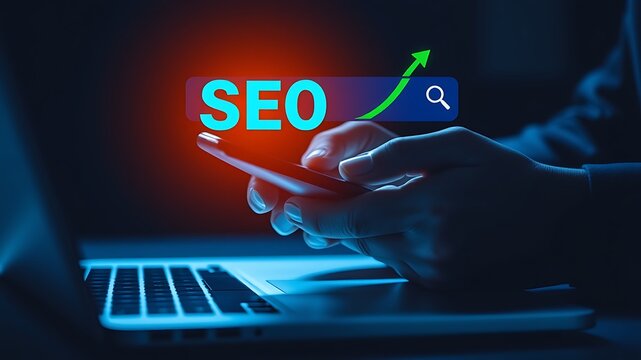 Hands scrolling phone displaying seo graph search engine
