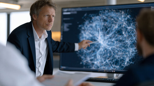 DDoS attack traffic visualization rendered as three-dimensional volumetric network flow diagram on analyst operations center screen, security engineer gesturing toward botnet origin cluster with sty