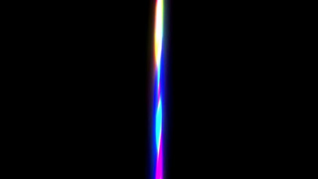Neon lines showing thin colorful parallel stripes rotating and shining on an isolated dark background.