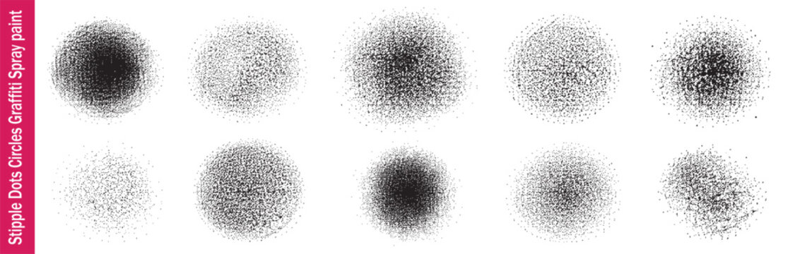 Collection of ten circular stipple spray paint textures, isolated on white background. Hand drawn dotwork graffiti elements for design and illustration.