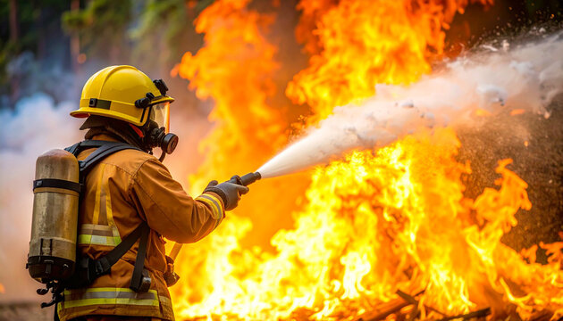 Bombero con traje de protecci&oacute;n y manguera apagando un  fuego de incendio forestal de verano con un chorro de agua, concepto de seguridad, emergencias y prevenci&oacute;n de incendios