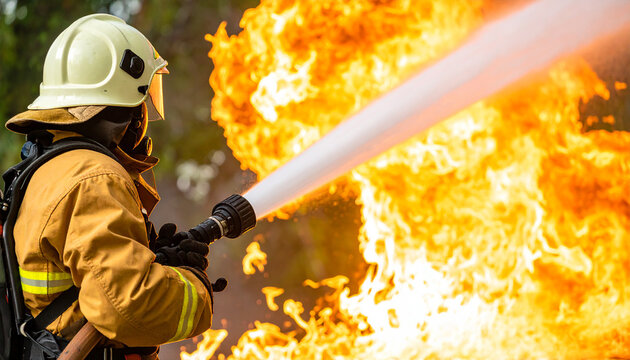 Bombero con traje de protecci&oacute;n y manguera apagando un  fuego de incendio forestal de verano con un chorro de agua, concepto de seguridad, emergencias y prevenci&oacute;n de incendios