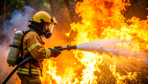 Bombero con traje de protecci&oacute;n apagando un  fuego de incendio forestal de verano con un chorro de agua, concepto de seguridad, emergencias y prevenci&oacute;n de incendios