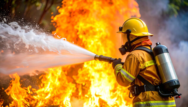 Bombero con traje de protecci&oacute;n apagando un  fuego de incendio forestal de verano con un chorro de agua, concepto de seguridad, emergencias y prevenci&oacute;n de incendios