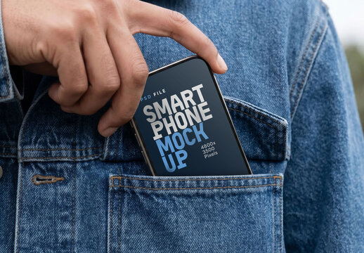 Smartphone Mockup In Denim Jacket Chest Pocket With Man Hand Outdoor