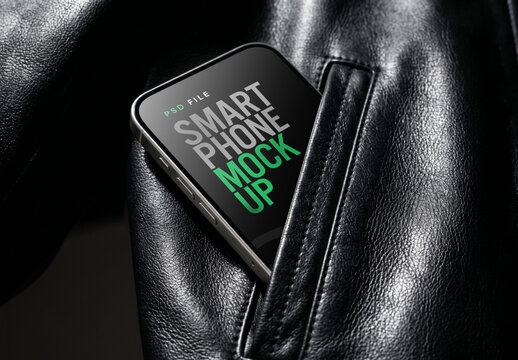 Smartphone Mockup In Black Leather Jacket Pocket Close Up No Hand