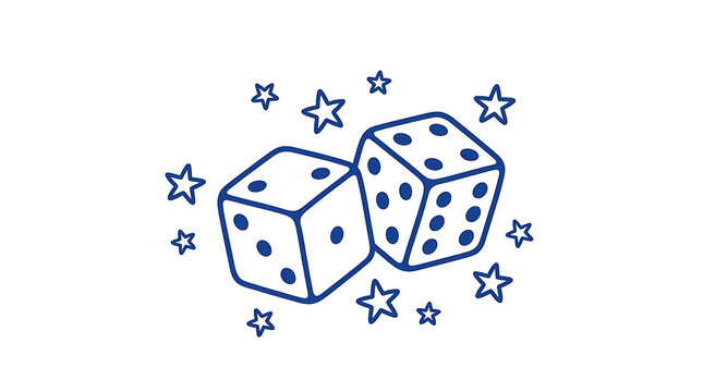 Blue line art doodle of two dice with stars on white background