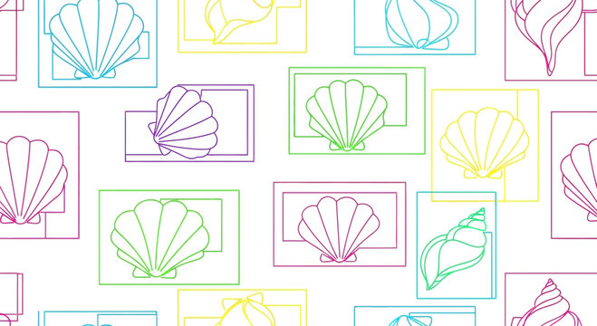 Colorful Seashells Outline Pattern on White Background - Vector Illustration