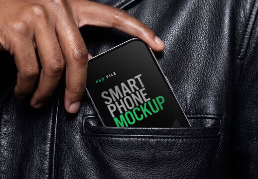 Smartphone Mockup Being Pulled From Black Leather Jacket Pocket By Hand