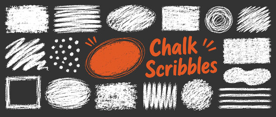 Collection of hand drawn chalk scribbles, frames, circles, lines and textures on a dark blackboard background. Vector illustration set. © Zbrake Studio