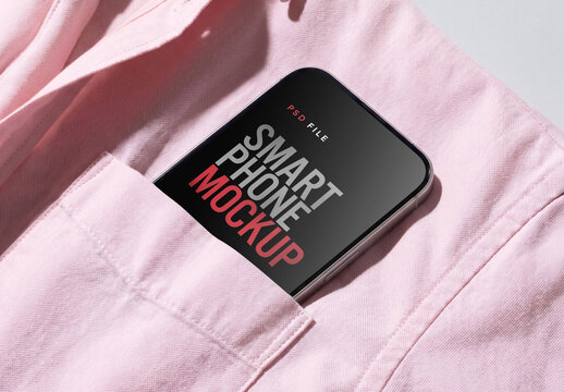 Smartphone Mockup In Shirt Breast Pocket Flat Lay Close Up No Hand
