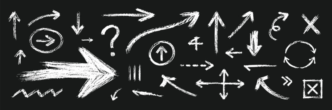 Set of hand drawn chalk arrows, signs, and symbols on a black chalkboard background. Perfect for design elements, presentations, and creative projects.