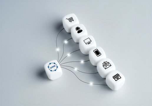Omnichannel business concept with connected dice icons representing various digital and shopping channels