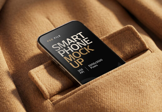 Smartphone Mockup In Wool Knit Coat Pocket Close Up With Warm Lighting