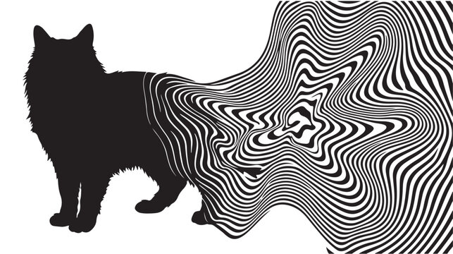 Wolf silhouette transforms into a flowing abstract spiral wave pattern against a white background.