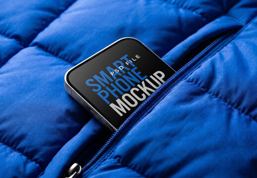 Smartphone Mockup In Puffer Jacket Zipper Pocket Close Up No Hand