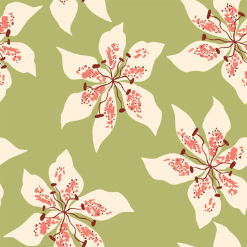 Tropical floral seamless pattern. Hand drawn big hibiscus, orchid, lily flowers on the boho green repeat background. Vector summer botanical garden design, beach textile, fabric. Exotic Hawaii jungle