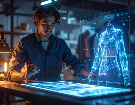 Male designer creating digital clothing patterns on glowing interactive table.