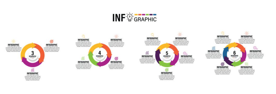 Circle arrows diagram infographic set. Circular arrows with 3-6 steps or options. set of infographic templates. Vector circle chart infographic template with arrow for cycle diagram, graph, web design