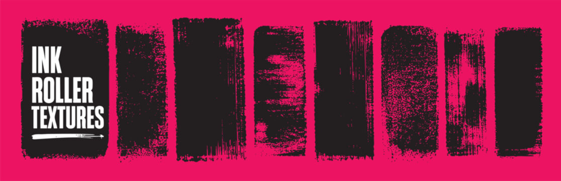 A collection of seven unique grunge ink roller textures, featuring distressed black paint strokes on a vibrant pink background for artistic design projects.