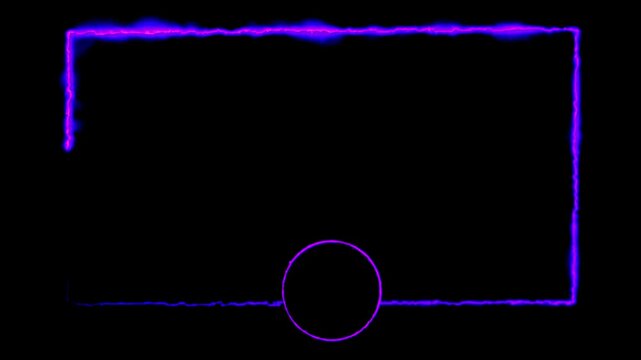 Neon frame with burning purple electric lines shaping a rectangular border with a circle on a isolated black background.