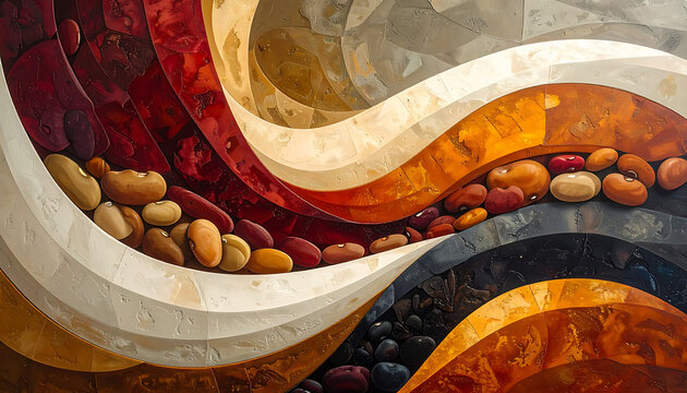 abstract pattern with swirling waves of colorful beans and grains, textured background, food ingredient concept