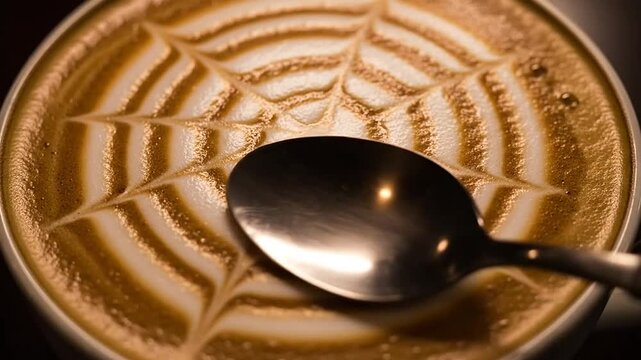 A close-up of a coffee cup with a spoon on top and a web design.