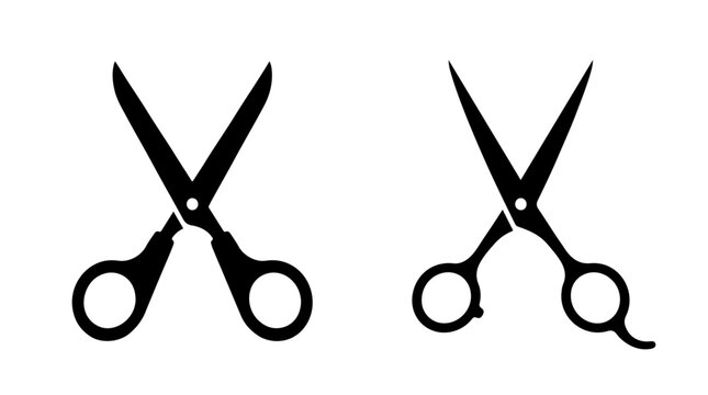 Two scissor silhouettes in black, minimalist design comparing classic and professional hairdressing styles, symbolizing precision and craftsmanship