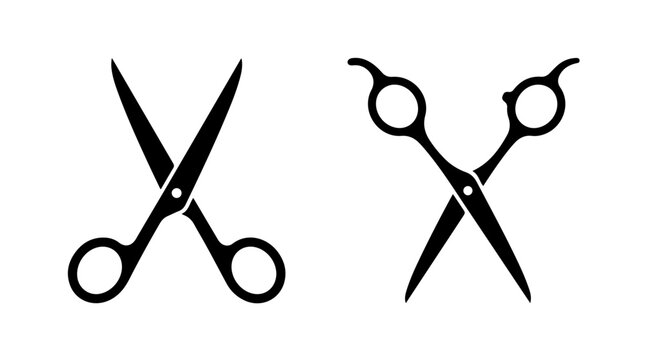Two scissor silhouettes in black, minimalist design comparing classic and professional hairdressing styles, symbolizing precision and craftsmanship