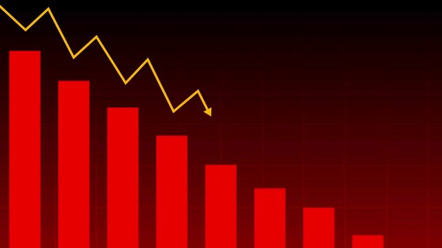 Financial market crash with falling red bar graph. Bear market stock chart with downward arrow. Economic recession and bankruptcy concept.