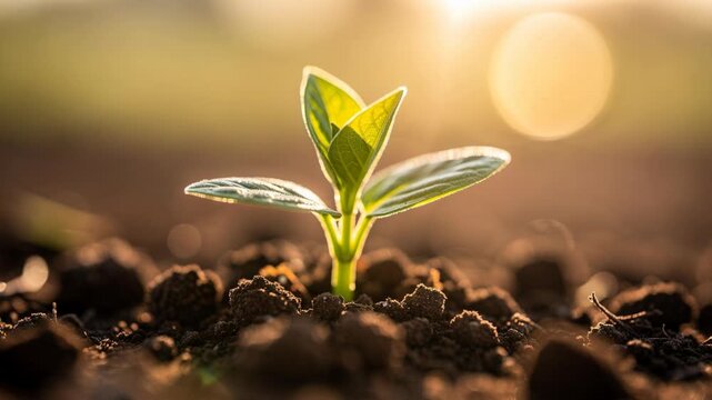 Close-up of young green plant sprouting from rich soil with warm sunlight in background