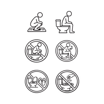 Minimalist black‑white vector toilet instruction icons showing proper usage and prohibited actions. Perfect for public restroom signage, hygiene awareness, and facility management.