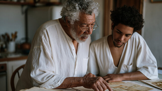 Senior collector and young family member together examining a personal archive of Labor Day union membership cards, vintage rally ribbons, and strike photographs spread across a kitchen table, a sha