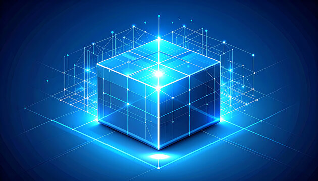 Abstract glowing blue cube data structure, digital network grid, technology concept, futuristic information flow, cyberspace visualization