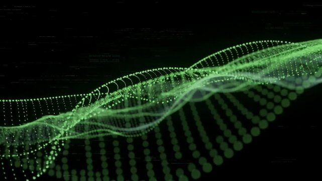 Abstract green digital wave with flowing particle streams and futuristic technology background