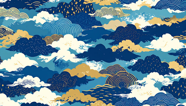 Abstract seamless pattern of layered blue, gold, and cream clouds with pixelated and outlined details, representing a stylized sky or landscape.