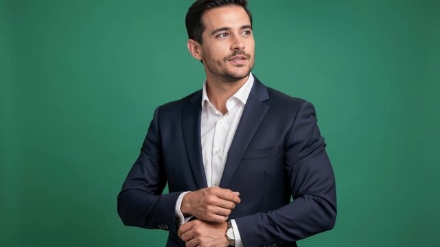 Confident young businessman smiling adjusting suit jacket on green background